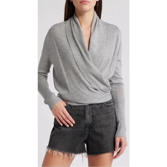 AllSaints Pirate Cardigan Wrap Light Dove Gray Wool Silk Tie Front Size 8 Small - Picture 1 of 16
